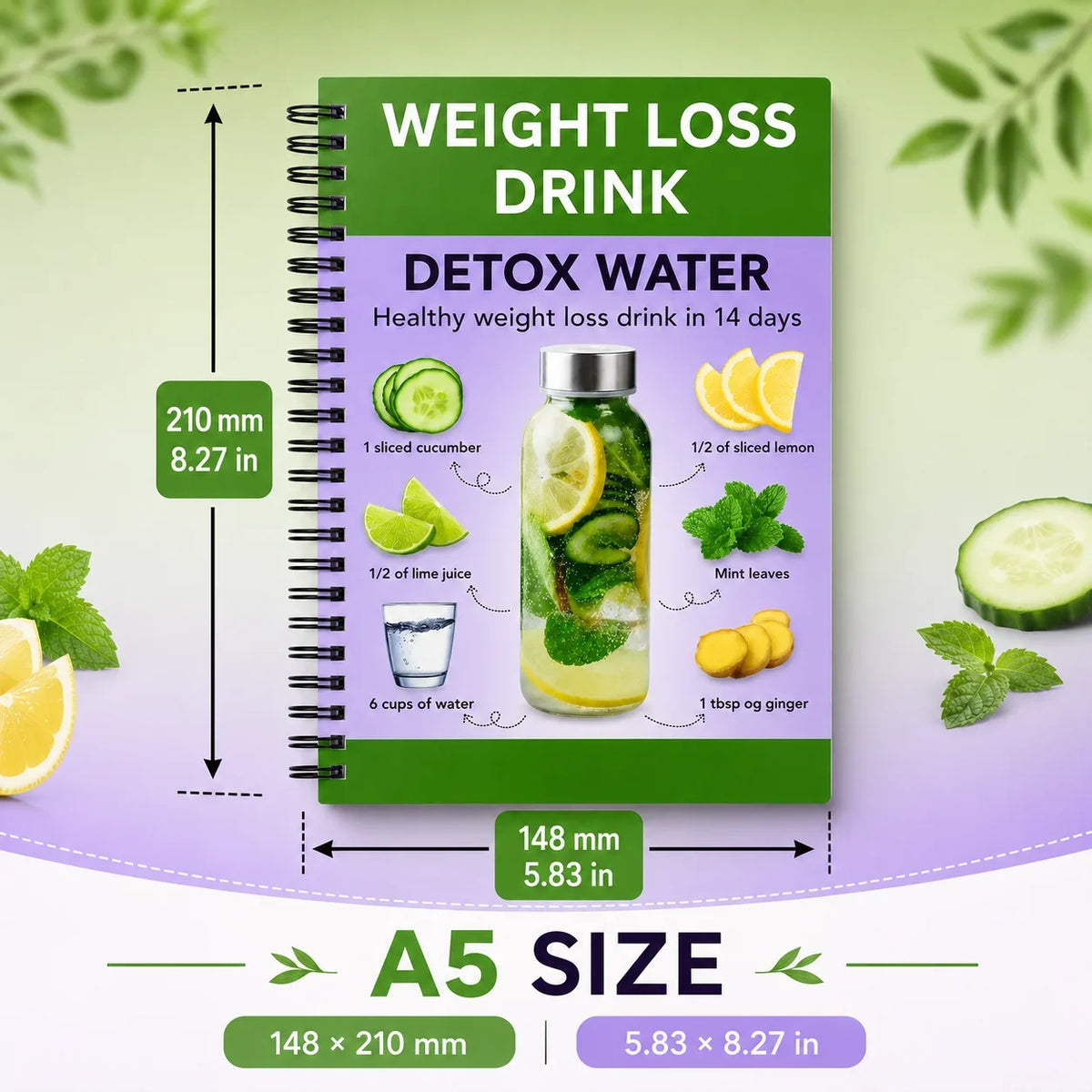 14-Day Detox Water Guide A5 Spiral Notebook 140-Page Healthy Drink