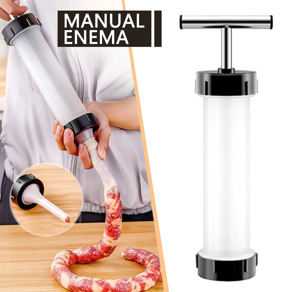 Manual Sausage Maker with 3 Filler Nozzles | Hand Push Stuffer