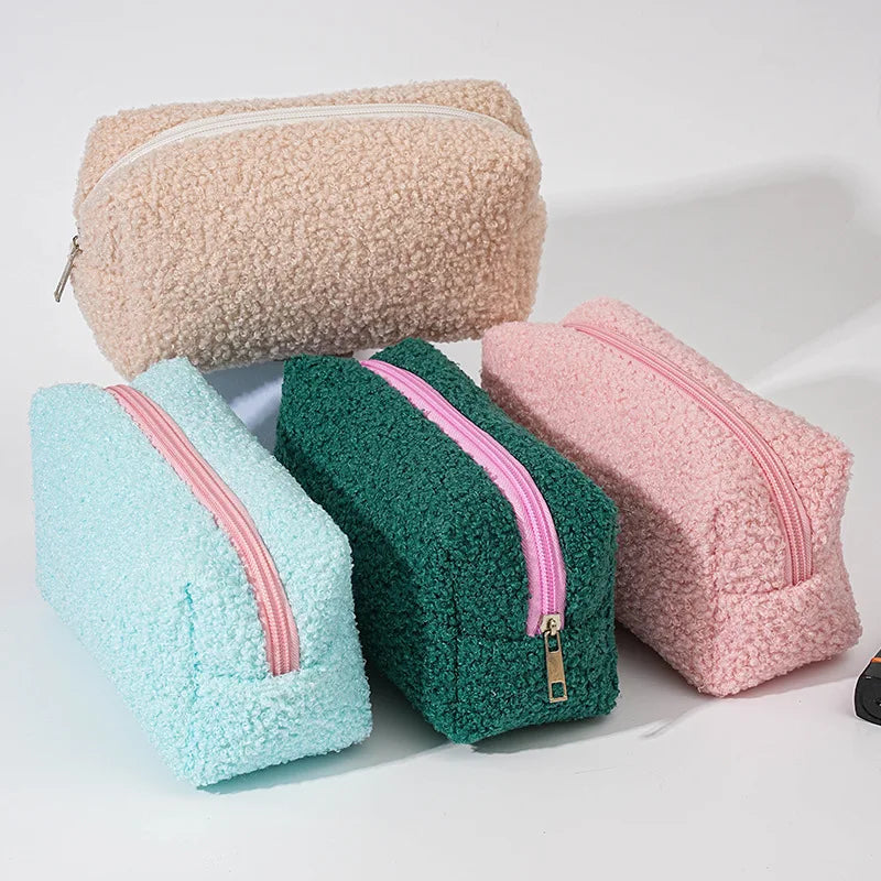 2026 Cute Zipper Plush Large Solid Cosmetic Bag Makeup Women Travel