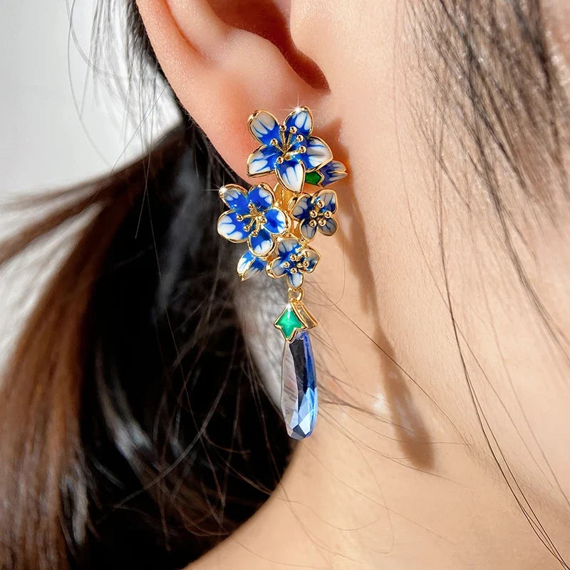 Huitan Blue Morning Glory Drop Earrings – Gold Floral Jewelry
