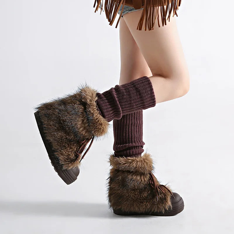 Women's Faux Fur Bow Ankle Snow Boots – Warm Winter Flats