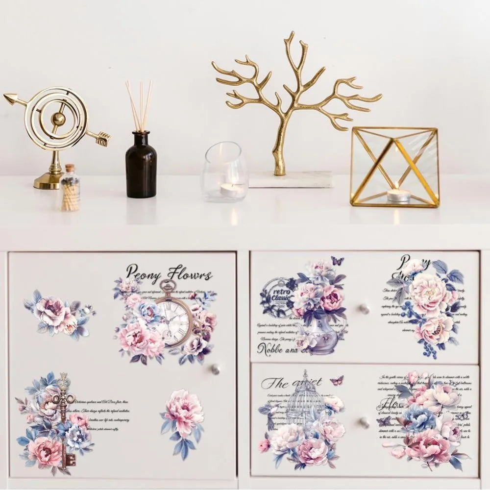 Vintage Peonies Rub-On Transfer Decals 6×12" – 3 Pack