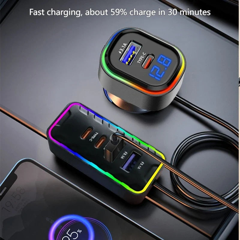 22.5W 7-Port Fast Car Charger – USB & Type-C Family Adapter