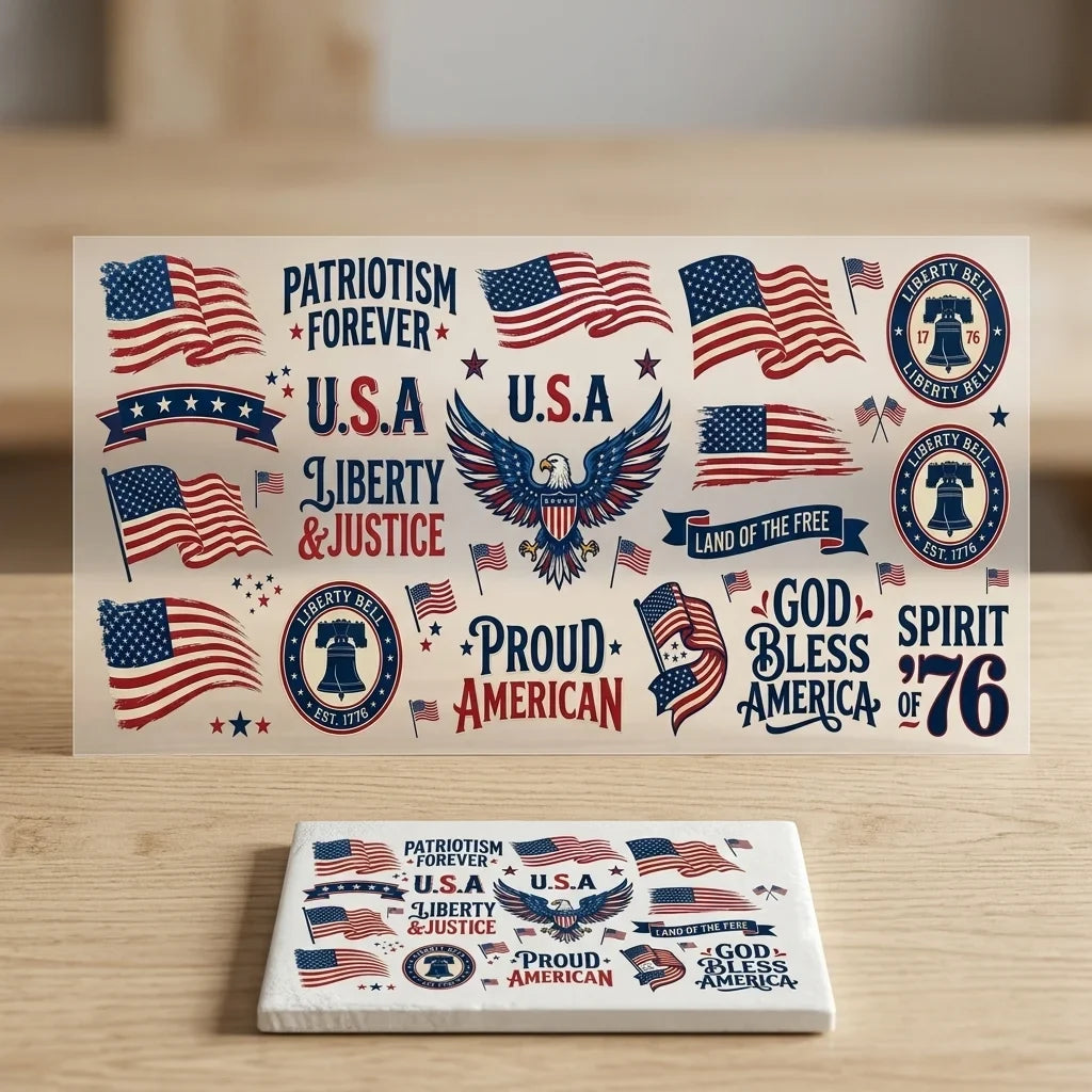 July 4th Patriotic UV Transfer Stickers | USA Flag Eagle Decals