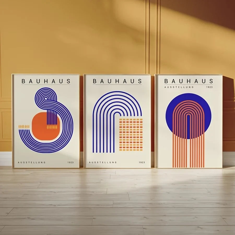 3-Piece Blue Bauhaus Abstract Geometric Canvas Wall Art Set