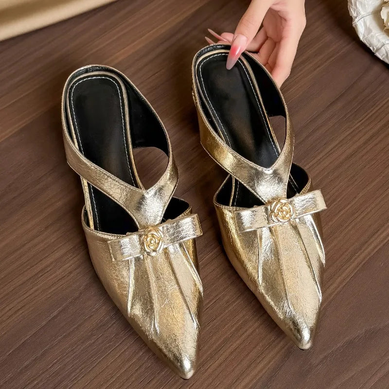 Women's Metal Camellia Block Heel Sandals – Pointed Toe Slip-On