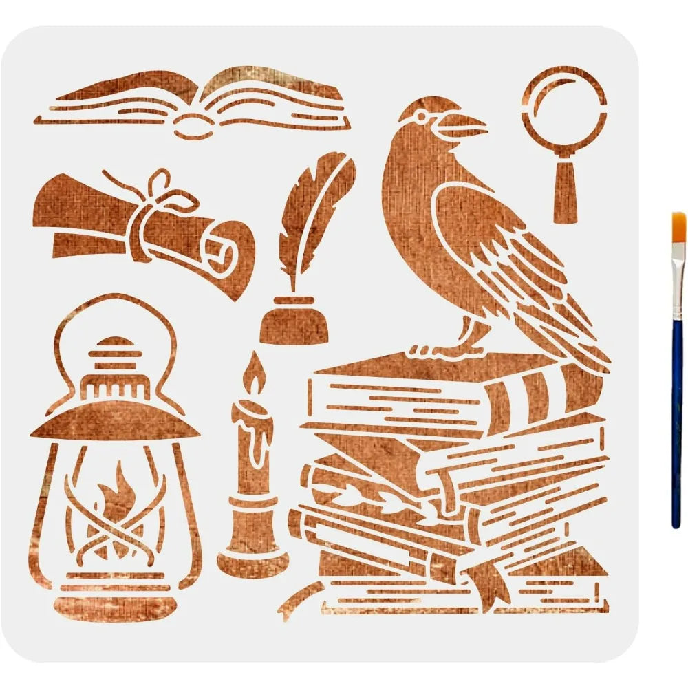 Crow & Book Stencil Set 11.8" – Raven, Candle & Pen Patterns