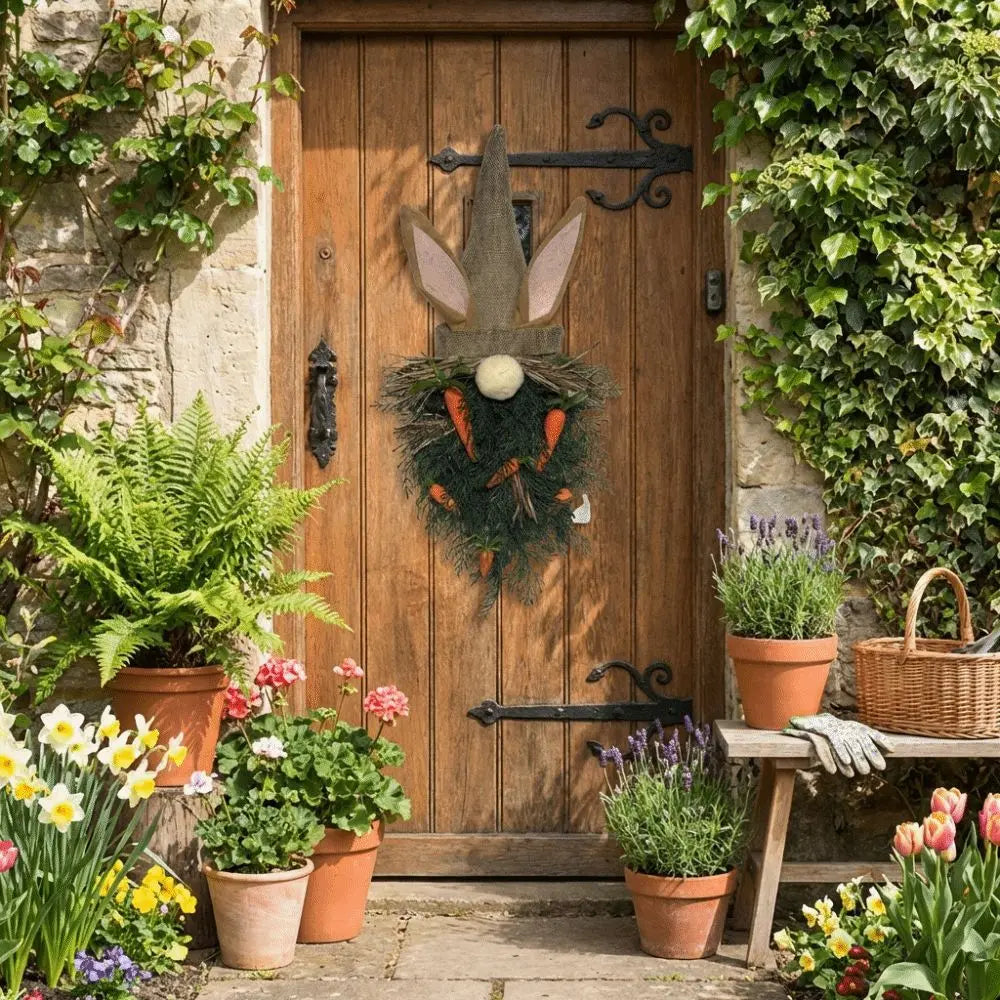 Rustic Easter Gnome Wreath | Bunny Carrot Door Hanger Decor