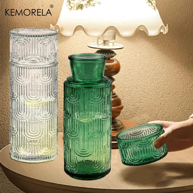 Vintage Glass Pitcher Set with Tumbler & Lid – Bedside Carafe