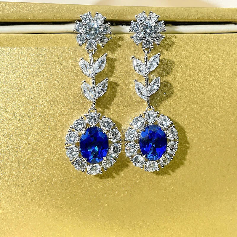 Huitan Flower Dangle Earrings – Blue & White CZ Silver Drop