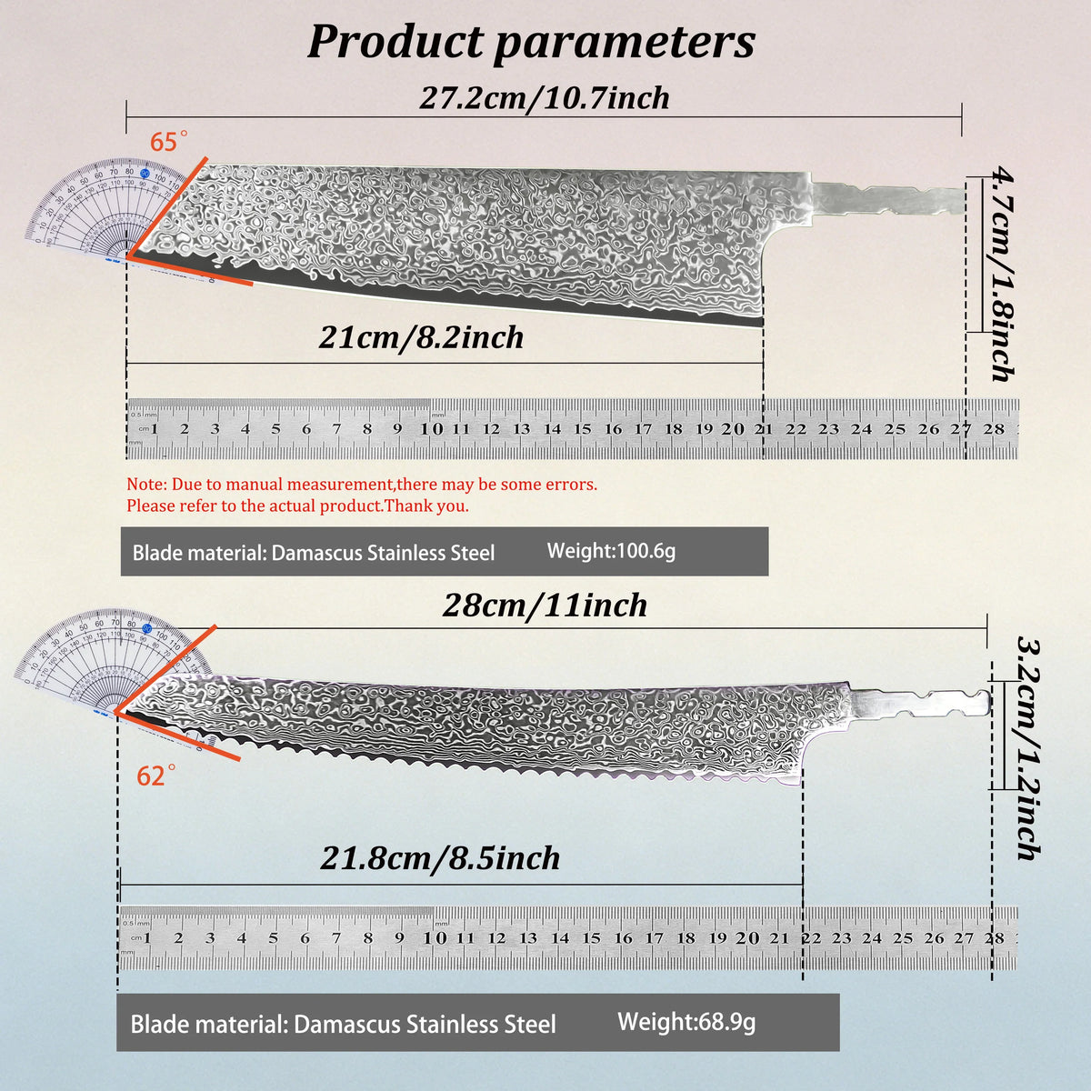 Damascus Steel Kiritsuke & Bread Knife Blade Set | DIY Kit