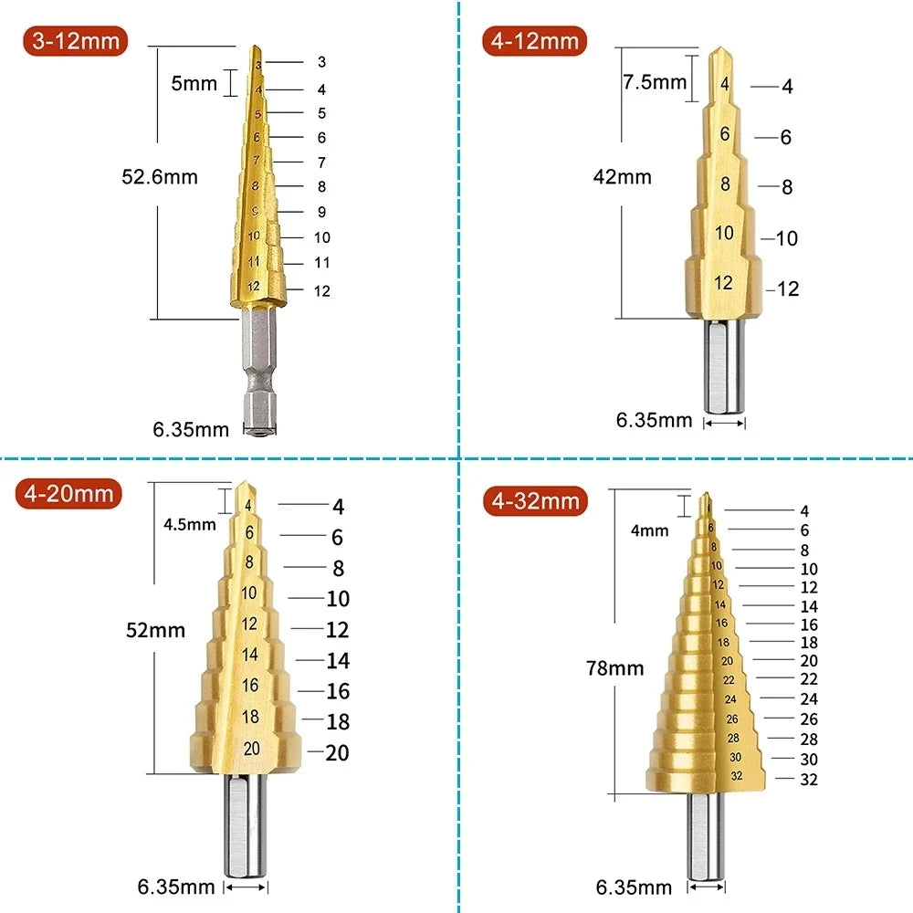 HSS Titanium Step Drill Bit Set | Wood & Metal Hole Cutter