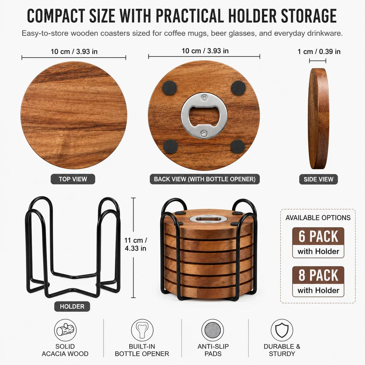 Wooden Coaster with Bottle Opener 2-in-1 | 6 or 8 Pack