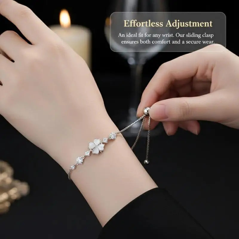 Four Leaf Clover Zircon Opal Charm Bracelet | Adjustable Bangle