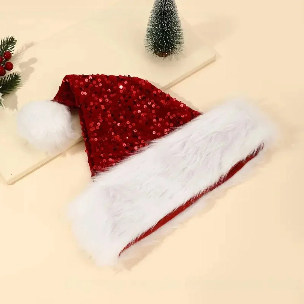 Red Glitter Sequin Santa Hat – Soft Velvet Unisex Xmas Cap