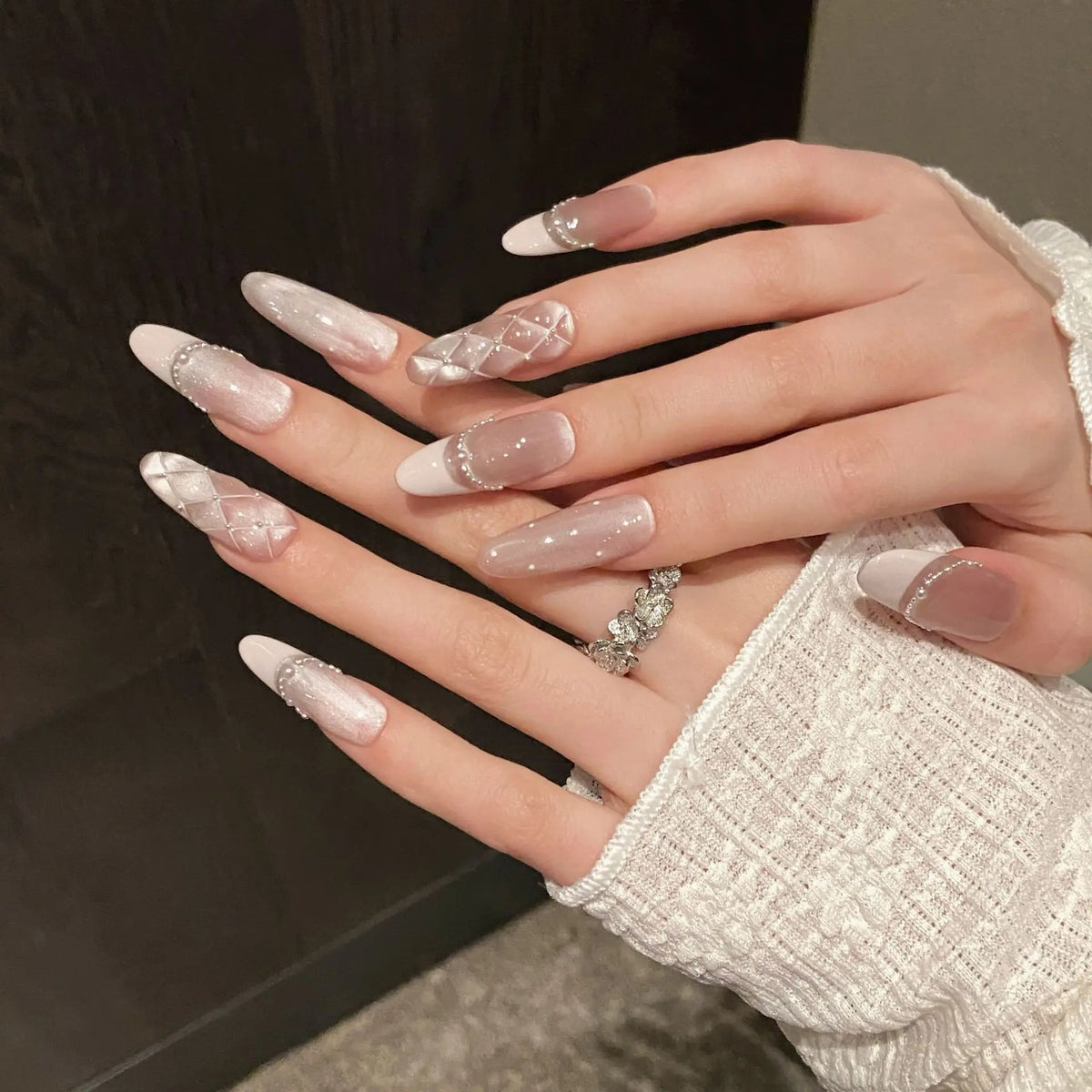 French Pink Cat Eye Press On Nails – Diamond Grid Reusable