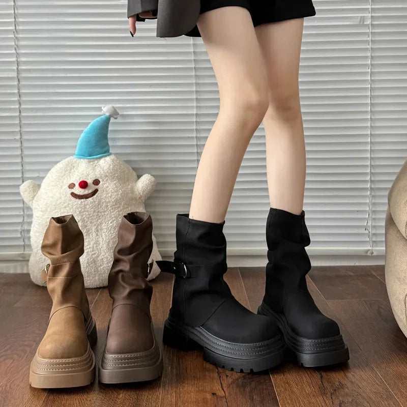 Women's Vintage Platform Knight Boots – Belt Buckle Zip