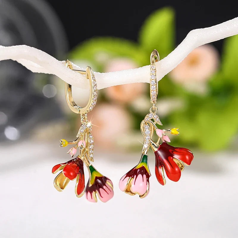 Huitan Colorful Flower Drop Earrings – Gold Cubic Zirconia