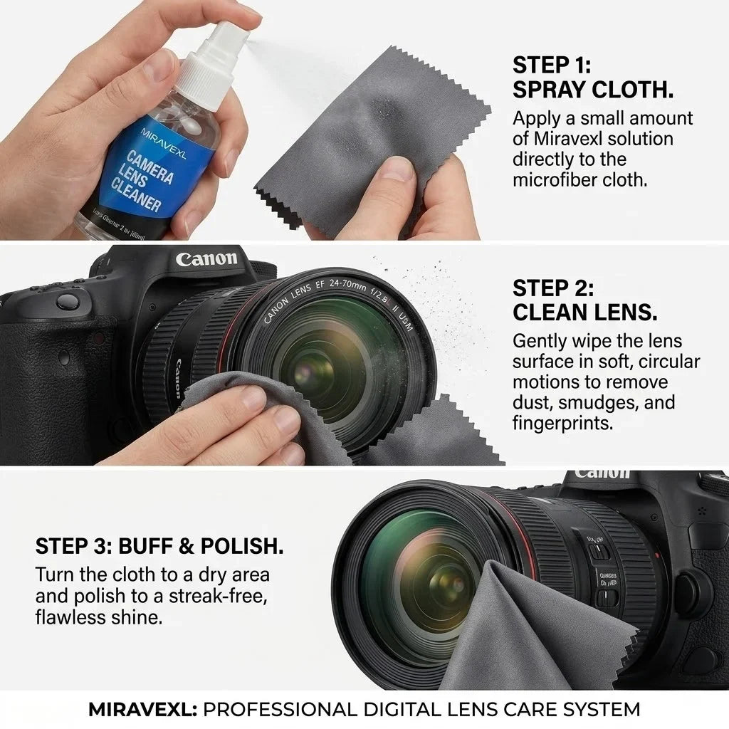 MIRAVEXL Camera Lens Cleaner Kit – Microfiber Cloth, Sensor Swabs & Dual-Action Spray for DSLR, Glasses & Screens