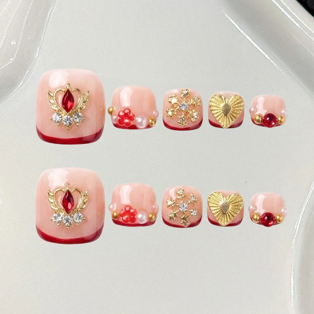 Press On Toe Nails | Wine Red French Diamond Glitter False Nails