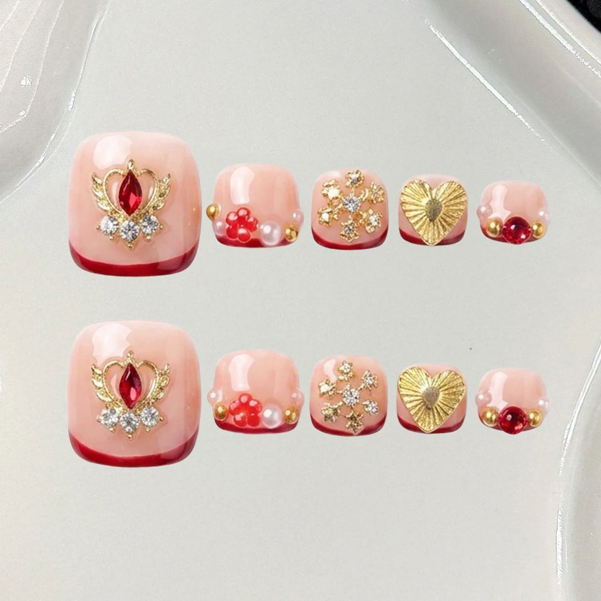 Press On Toe Nails | Wine Red French Diamond Glitter False Nails