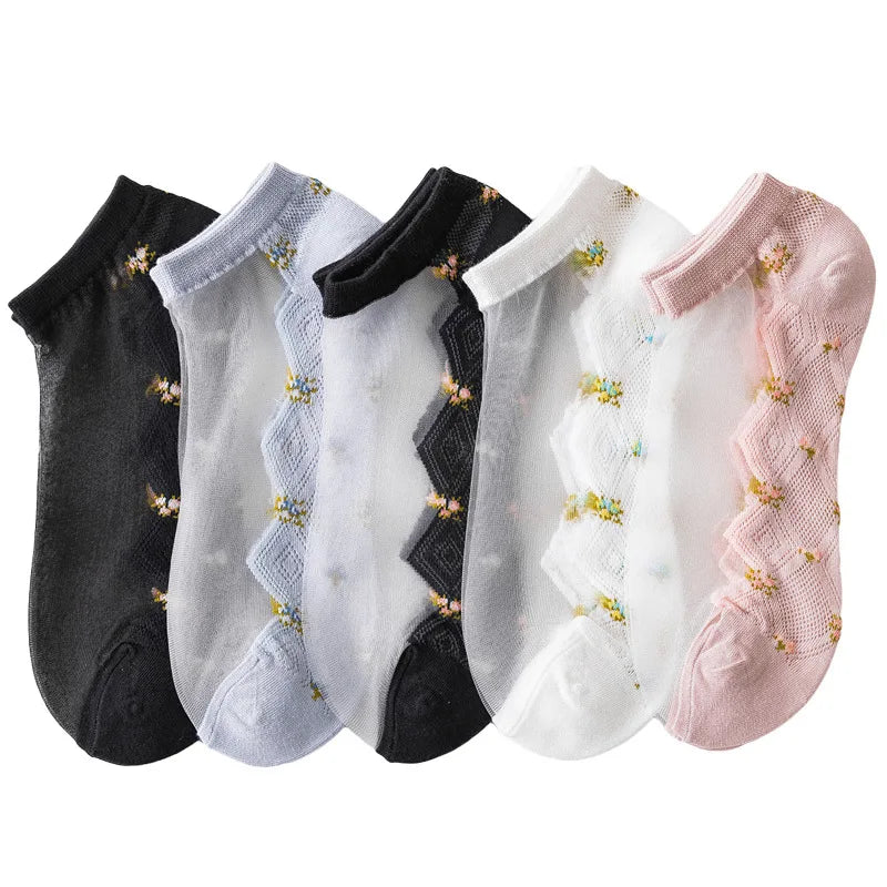 Women's Lace Floral Ankle Socks – 5 Pairs Breathable Cotton