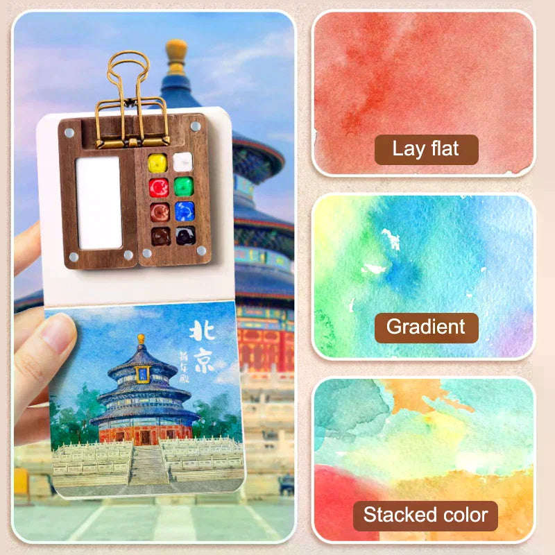 Mini Walnut Wood Watercolor Palette Portable Paint Box Clip Travel