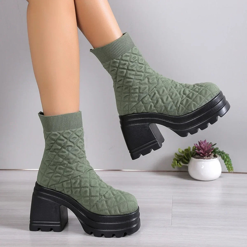 Women's Chunky Knit Platform Ankle Boots – Square Heel Slip-On