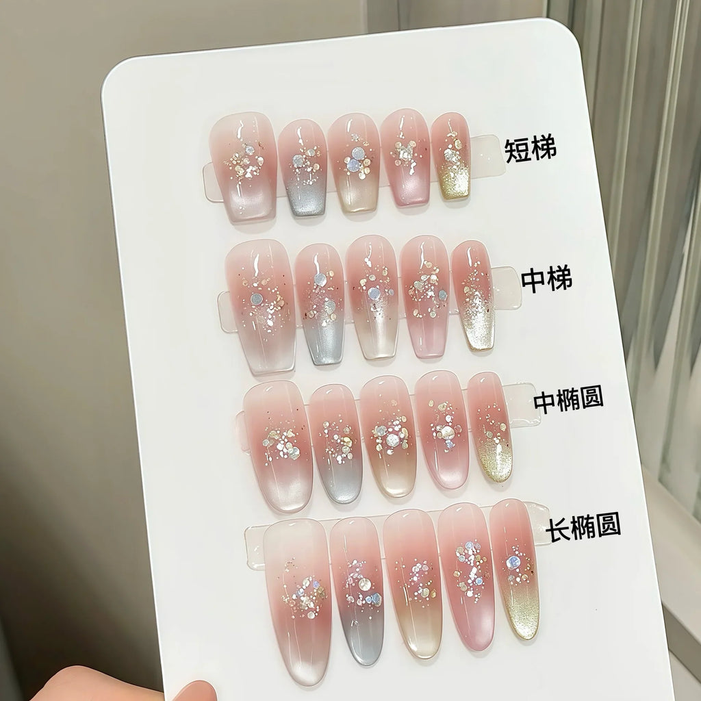 French Cat Eye Press On Nails – Sequin Gradient Tips | 10pcs