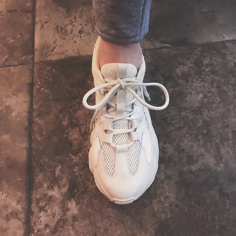 Women's Lace-Up Platform Sneakers – Black & Beige PU Shoes