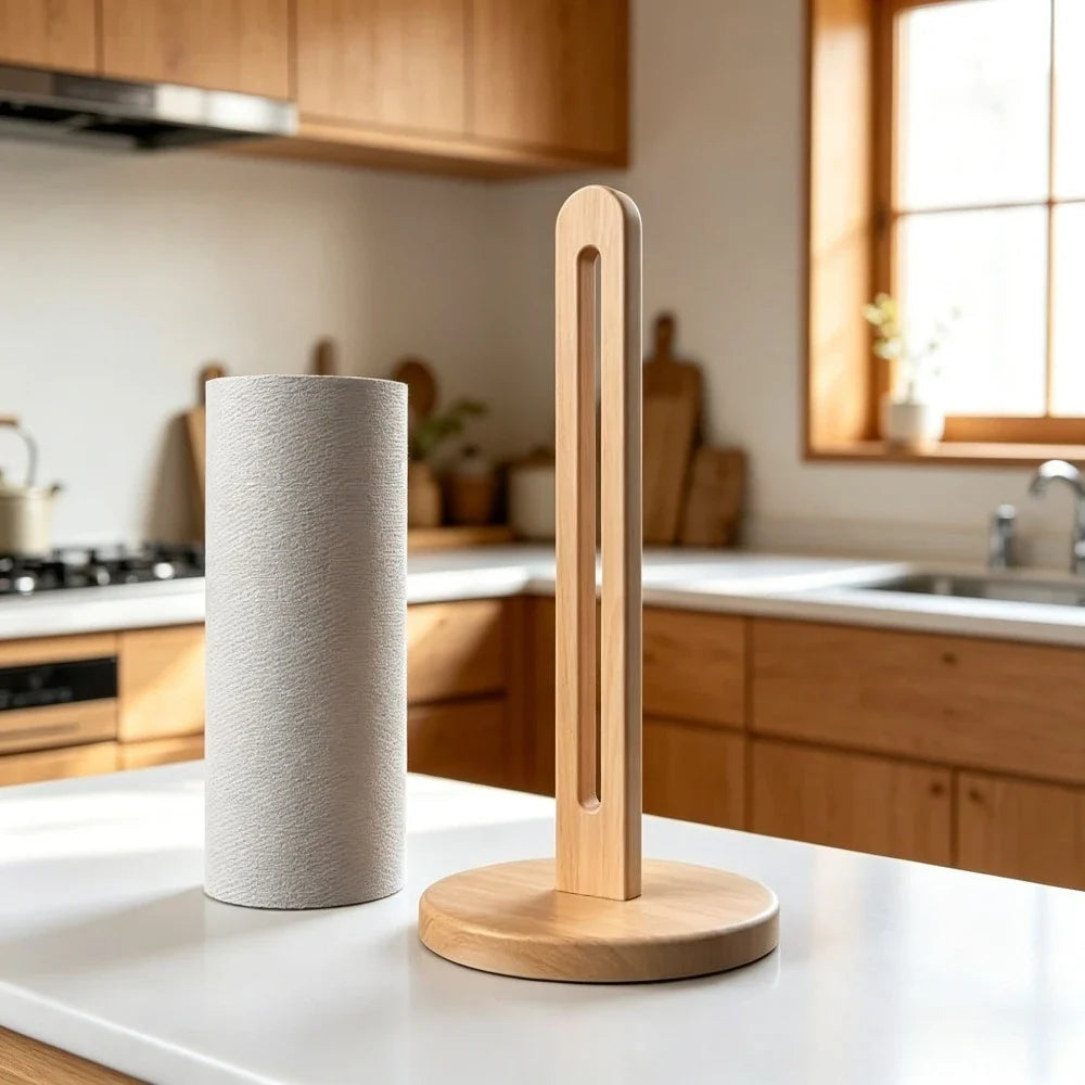 Wooden Vertical Tissue Stand Non Slip Base Countertop Roll Paper Rack