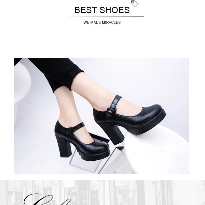 Women's Chunky Heel Pumps – Round Toe Buckle Strap Dress Shoes