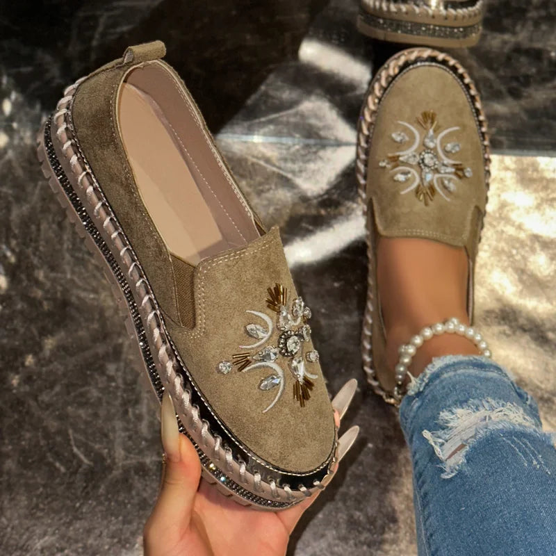 Rhinestone Bow Loafers – Women's Thick Sole Flat Slip-On Shoes