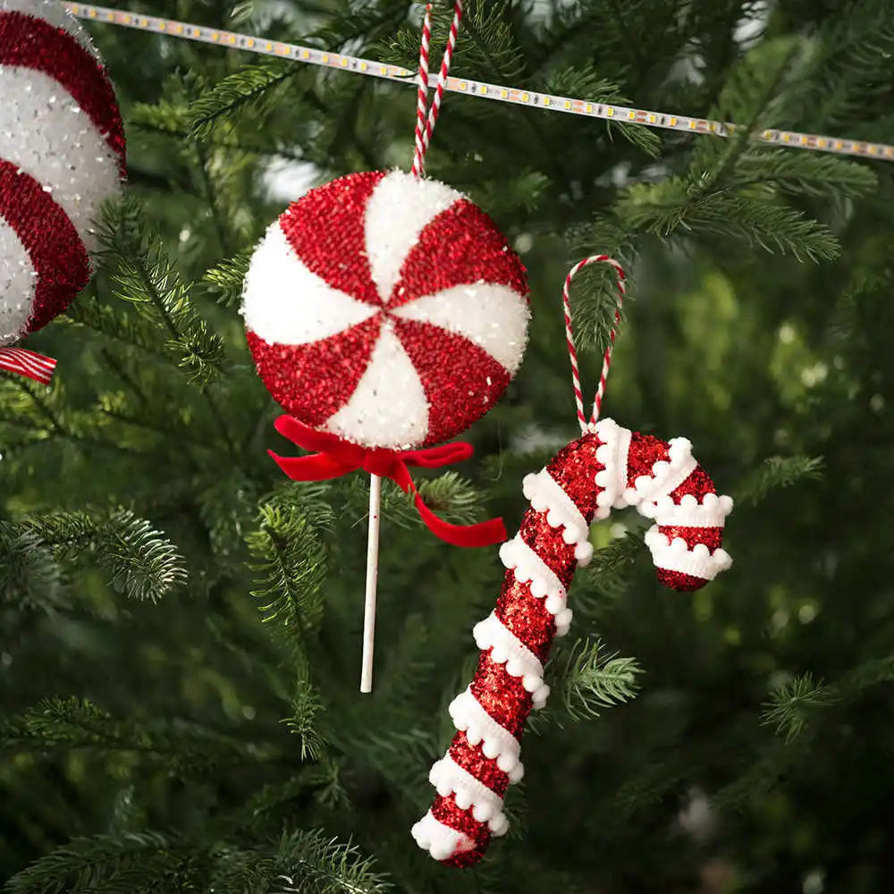 Christmas Tree Ornaments Red White Walking Sticks Candies Ball