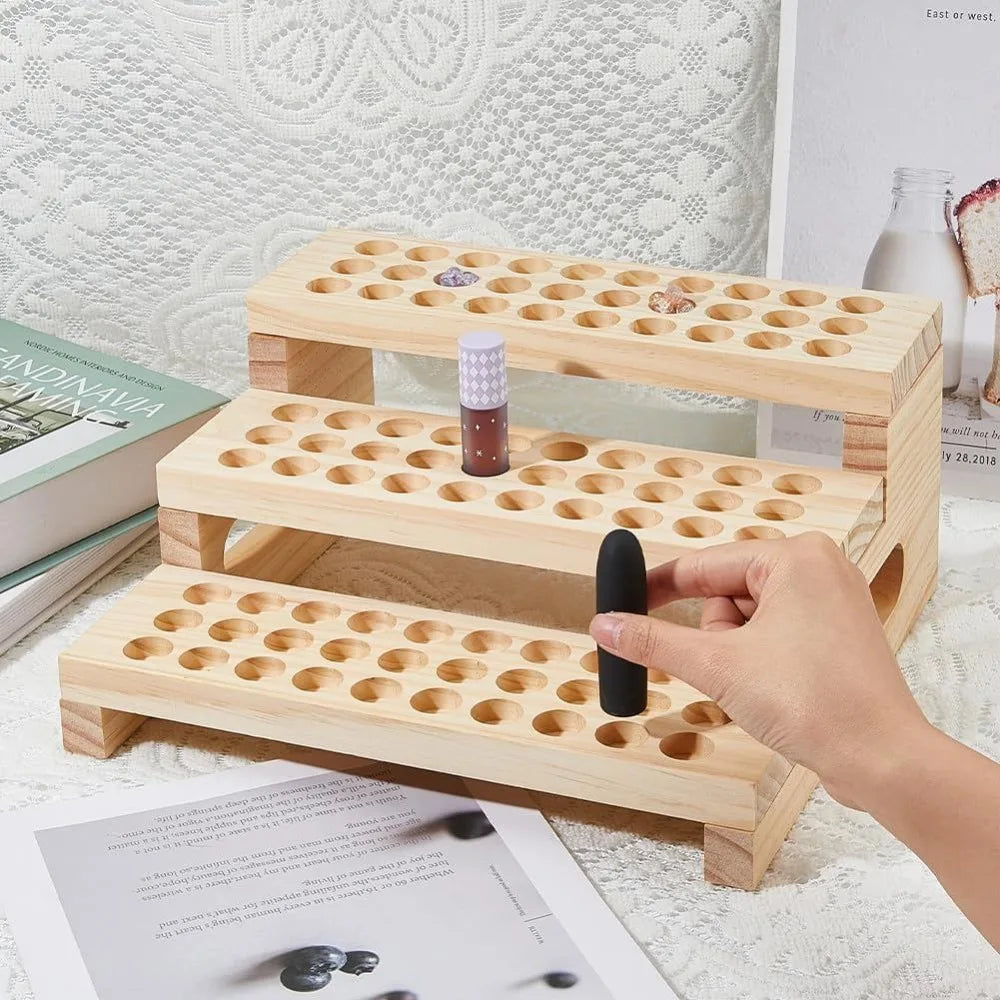 90-Slot Wooden Lipstick Holder | 3-Tier Display Organizer Rack