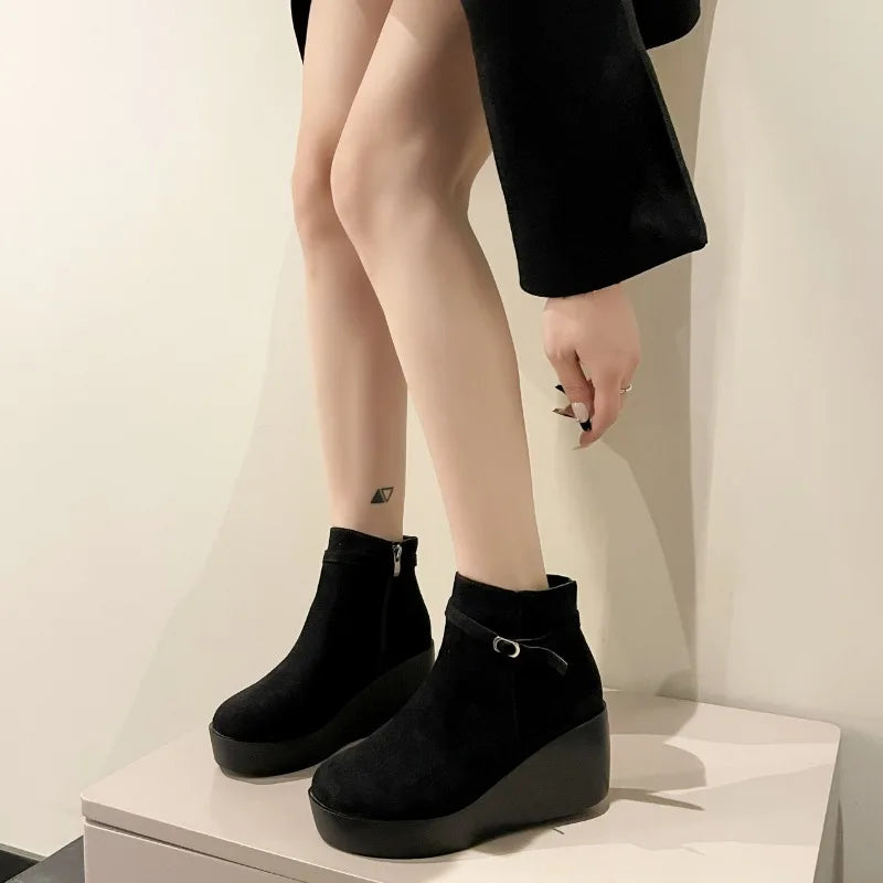 Women's Faux Suede Wedge Platform Ankle Boots Hidden Heel