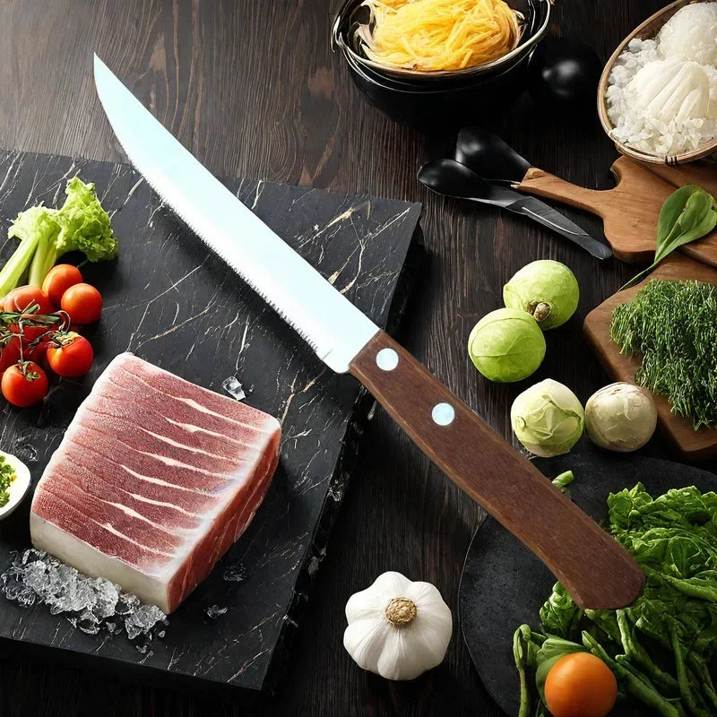 Serrated Steak Knife Set – Stainless Steel Wooden Handle