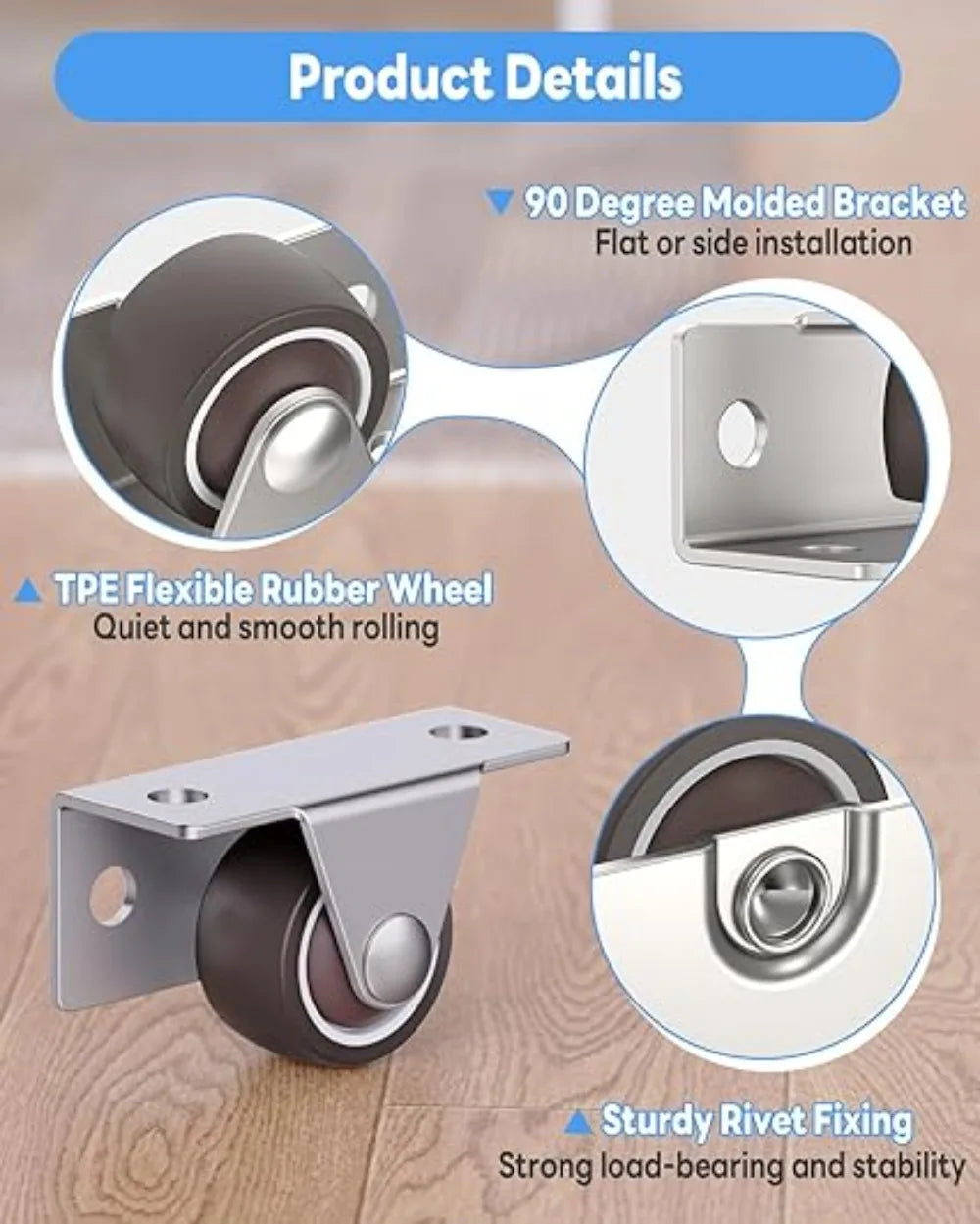 4-Pack Silent Rubber Furniture Casters – Side Mount Low Profile