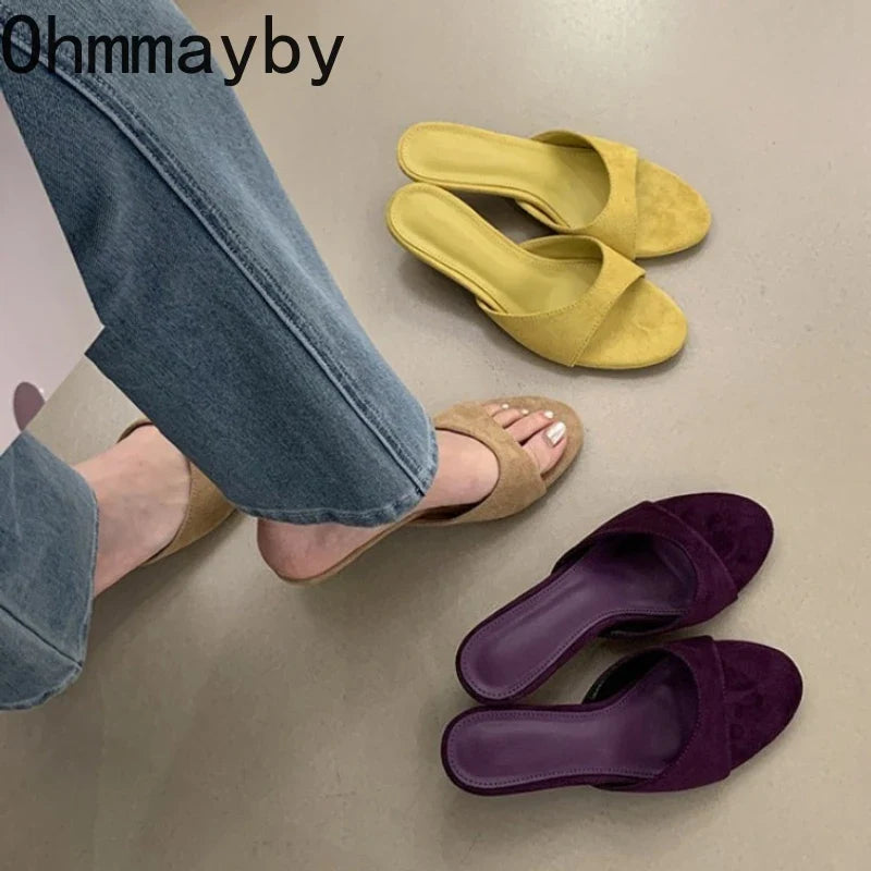 Women's Open Toe Suede Slide Slippers – Thin Heel Summer Shoes