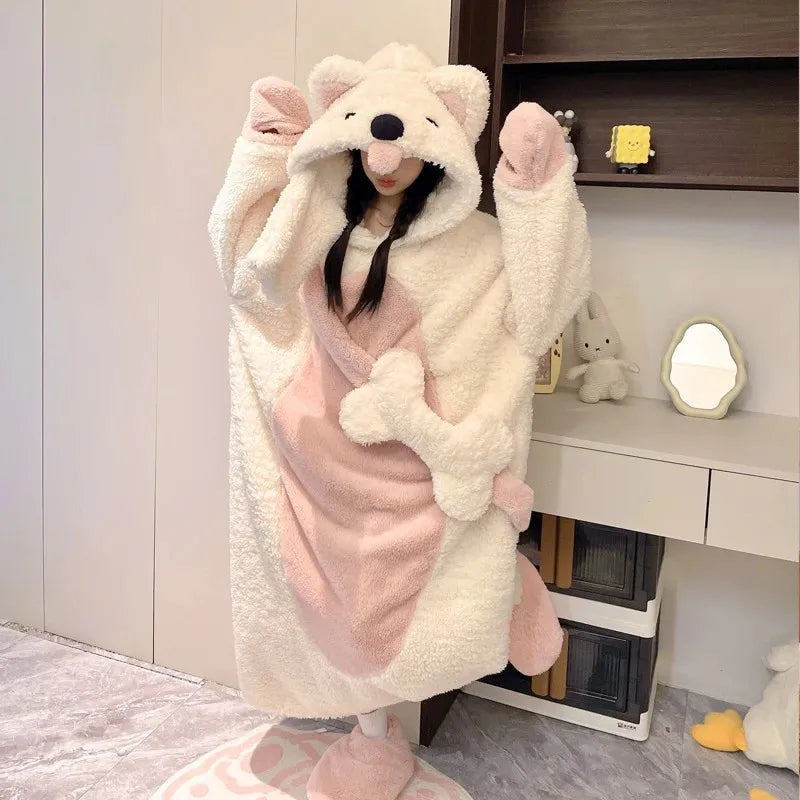Cute Dog Cartoon Women's Fleece Hooded Pajama Set | Warm & Cozy