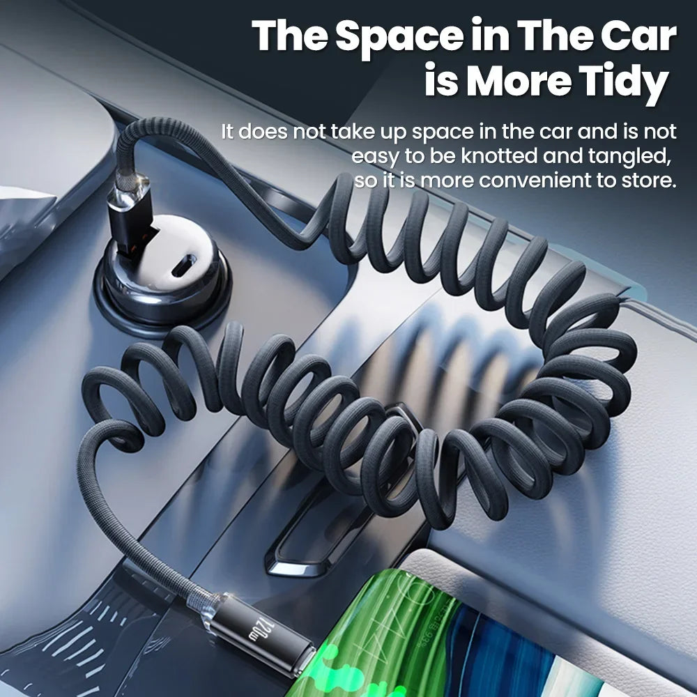 120W Retractable USB-C Fast Charge Cable | Spring Coil, 1M & 2M