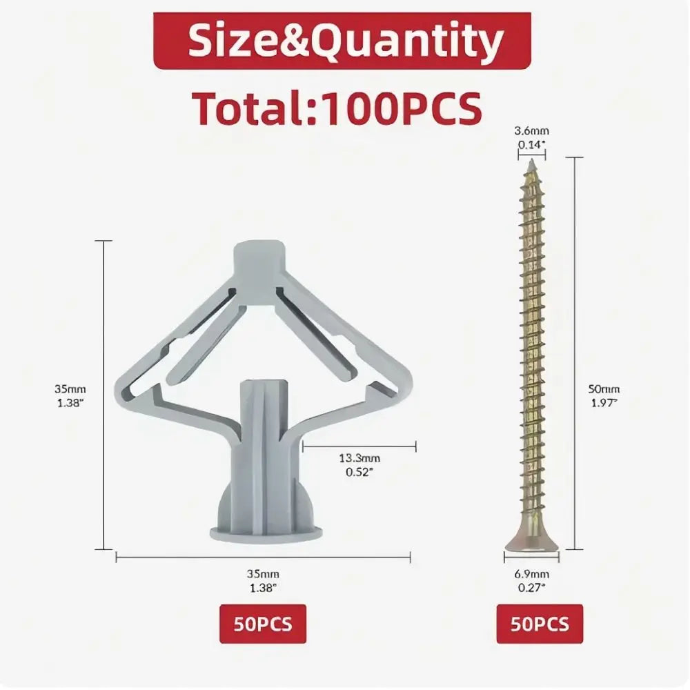 100pcs Drywall Anchor Kit – 50 Sets Wall Anchors & Screws