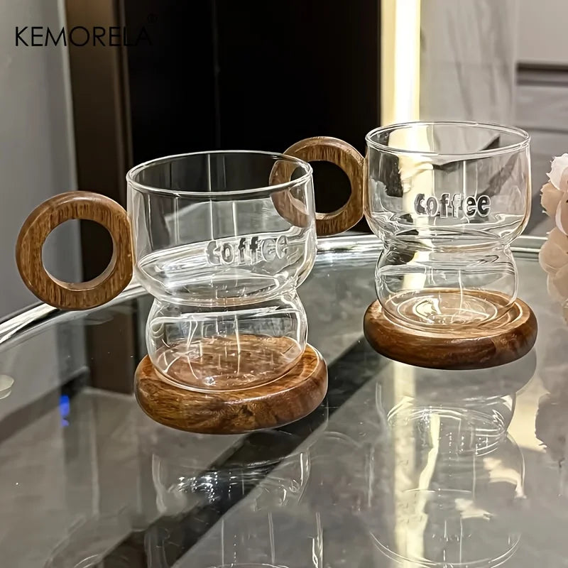 Transparent Glass Coffee Mug with Wooden Handle & Coaster