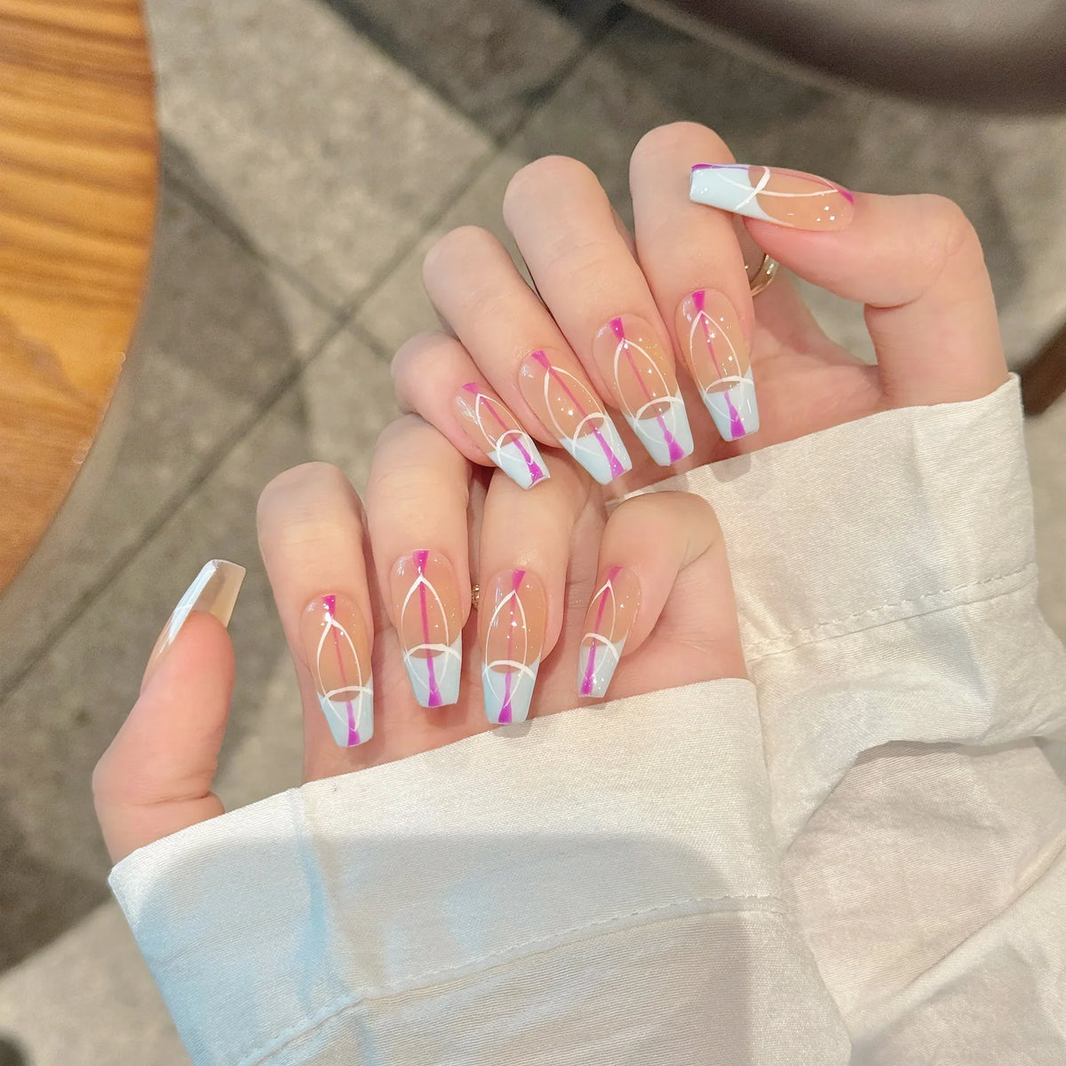 Geometric Press-On Nails | Long Coffin Ballet French Tips