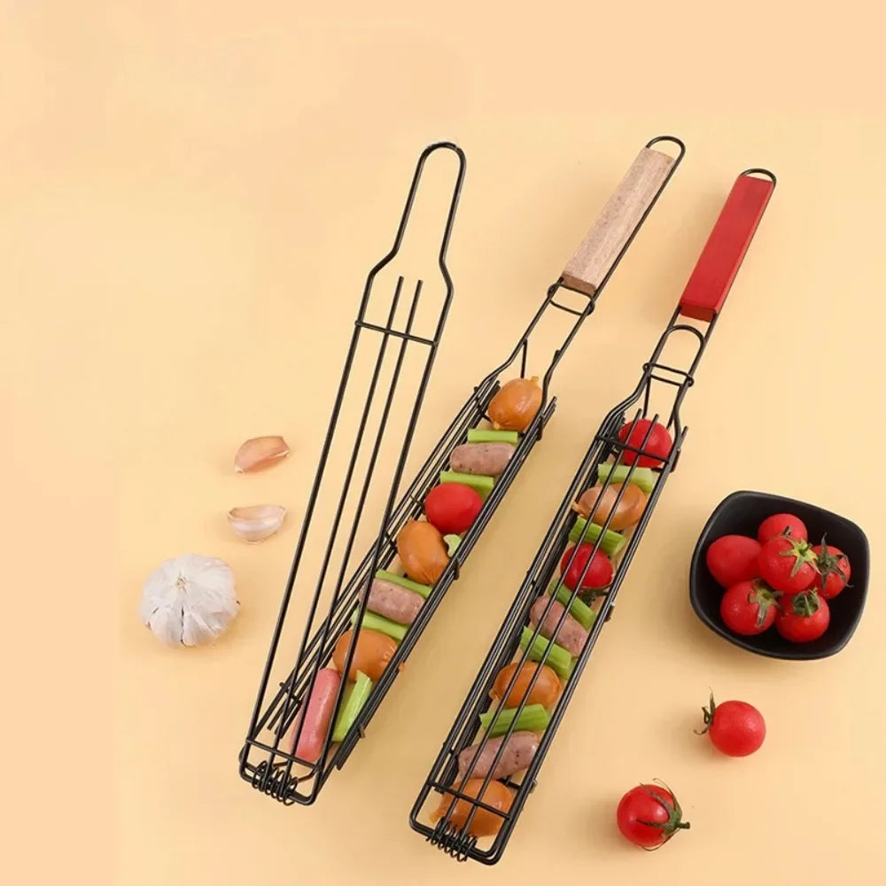 Barbecue Grill Stainless Steel Non-stick Basket Handle BBQ Roast Rack
