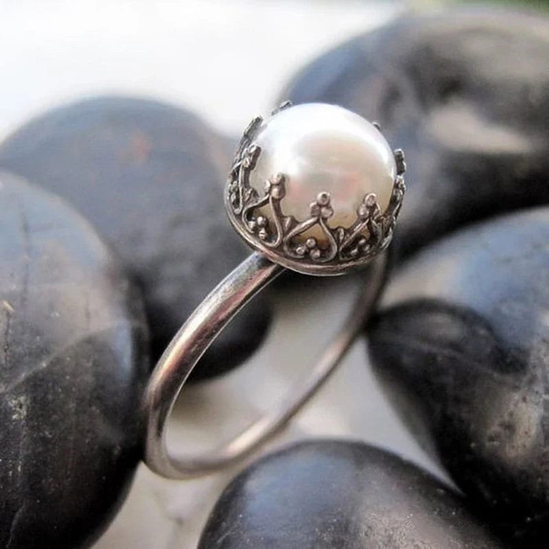 Huitan Vintage Imitation Pearl Ring Women – Antique Silver