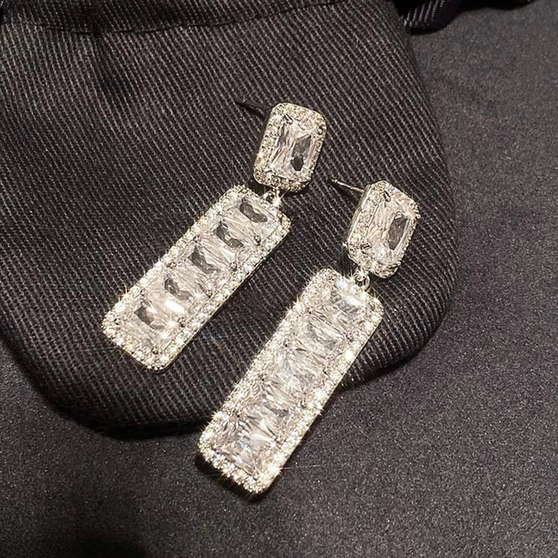 Huitan CZ Geometric Drop Earrings – Sparkling Crystal Women