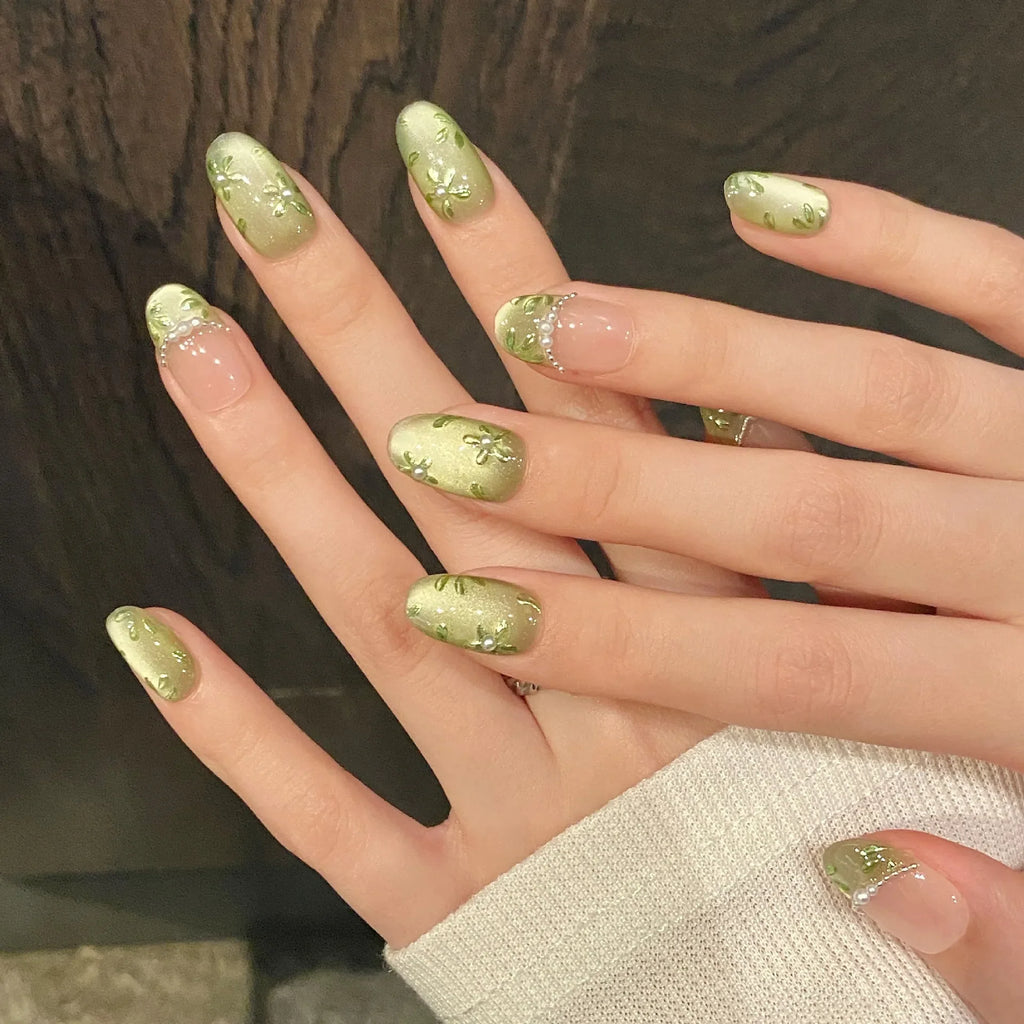 Press On Nails Green Flower Cat Eye Short Oval – 10pcs Set