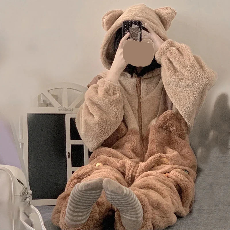 Flannel Animal Onesie Pajamas – Unisex Hooded Bear Sleepwear