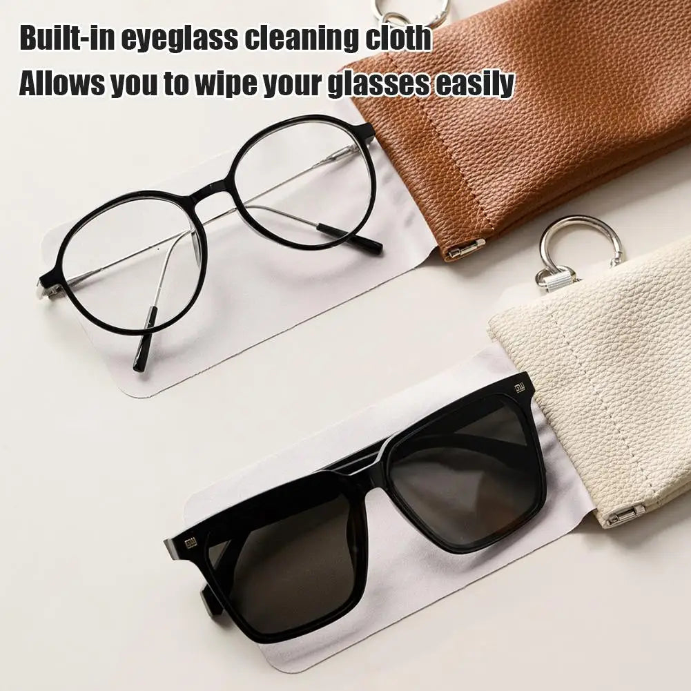 Snap-Shut Leather Glasses Pouch with Keyring & Lens Cloth